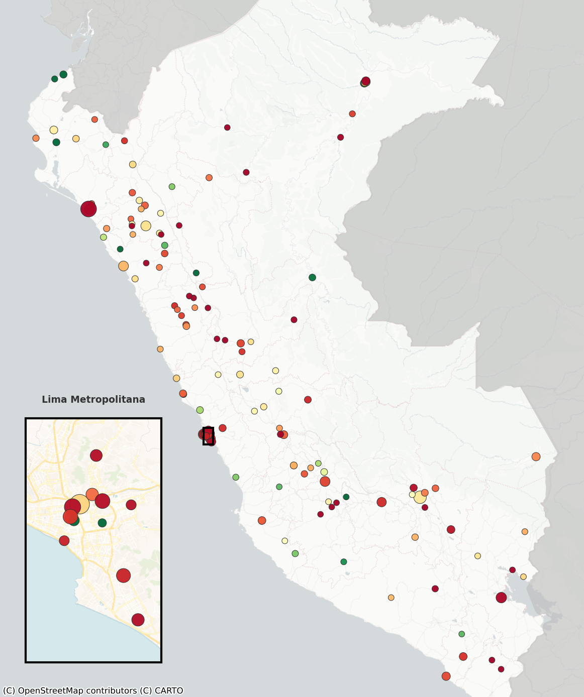 Mapa georreferenciado del Perú mostrando la cobertura. Muestra la distribución del cumplimiento de la cuota obligatoria del 5% en contratación de personas con discapacidad en entidades públicas (como municipalidades distritales, provinciales). Utiliza una escala de colores que va desde el verde intenso (100% de cumplimiento) hasta el rojo (0%). A lo largo del mapa hay una gran diversidad de tonos (naranjas, amarillos, rojos), pero los puntos verde intenso son muy escasos, evidenciando que casi nadie cumple la meta. Además, el tamaño de los círculos varía: son más grandes en proporción a la cantidad de empleados con discapacidad faltantes en dicha entidad. En la parte inferior hay un recuadro que hace zoom a Lima Metropolitana para detallar un clúster de entidades, donde también se ve esta variación de colores y tamaños, asomando apenas un par de puntos verdes.