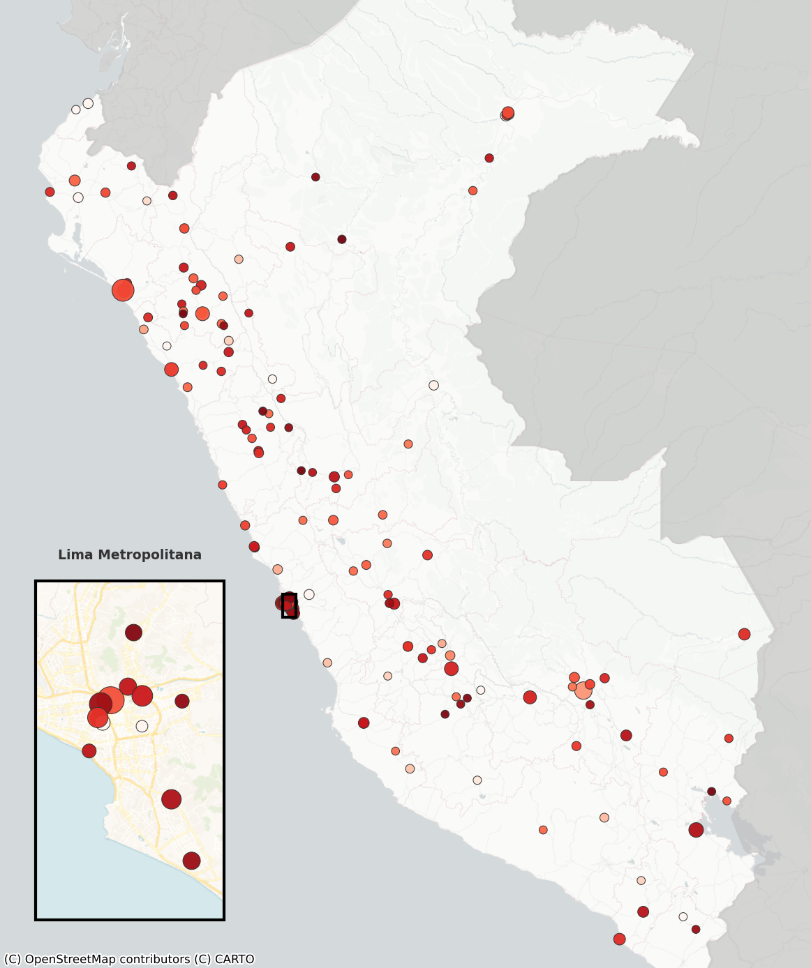 Mapa georreferenciado del Perú mostrando la prioridad de intervención. Combina los mapas anteriores para identificar estratégicamente entidades que incumplen la cuota pero sí tienen talento disponible a su alrededor. Utiliza una escala de colores que va desde el blanco rosado (baja prioridad) hasta el rojo oscuro (intervención inmediata). Se observan múltiples puntos rojos oscuros e intensos a lo largo de la costa peruana y capitales departamentales, indicando los lugares donde se debe intervenir primero porque no hay excusa para no contratar talento local. El tamaño de los círculos es más grande en proporción a la cantidad de empleados con discapacidad faltantes en dicha entidad. En la parte inferior un recuadro hace zoom a Lima Metropolitana, evidenciando una fuerte concentración de grandes círculos en máxima prioridad.