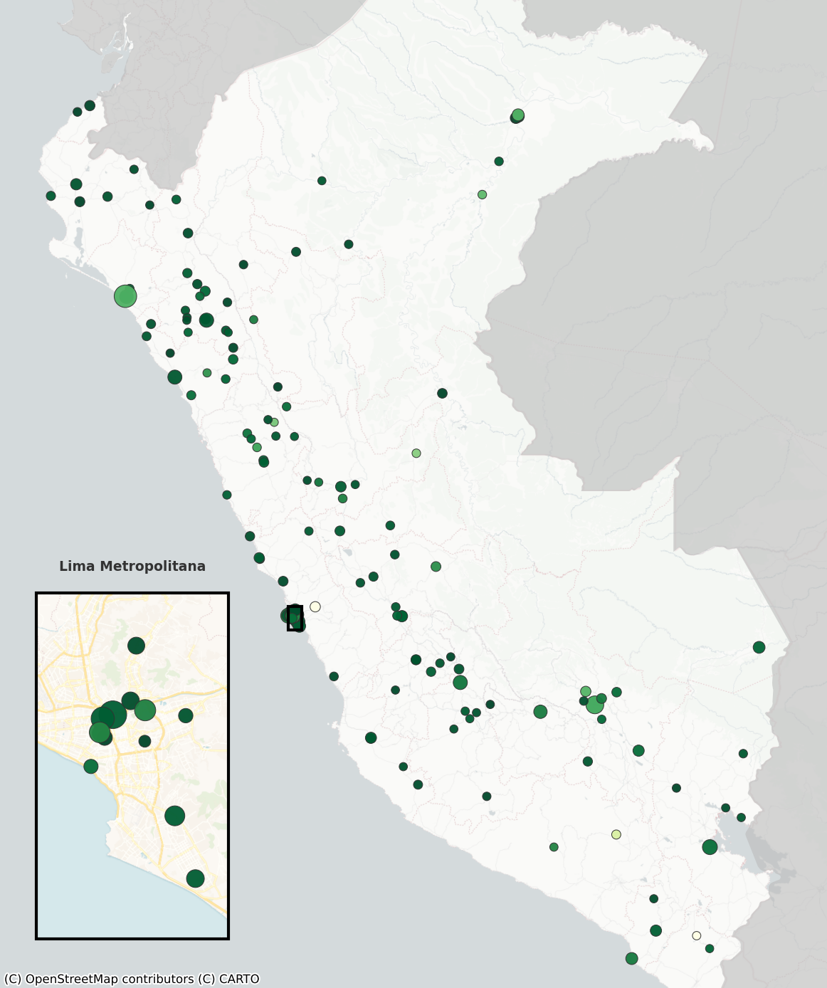 Mapa georreferenciado del Perú mostrando la viabilidad. Muestra a las entidades públicas ubicadas en entornos con alta concentración de personas con discapacidad capaces de trabajar. Utiliza una escala de colores que va desde el crema claro (sin oferta local) hasta el verde oscuro intenso (alta oferta de talento). El mapa muestra predominantemente círculos verdes de distintos tamaños esparcidos por la costa y en las principales ciudades de la sierra, demostrando que sí existe disponibilidad de talento local de personas con discapacidad. El tamaño de los círculos varía: son más grandes en proporción a la cantidad de empleados con discapacidad faltantes en dicha entidad. En la parte inferior hay un recuadro que hace zoom a Lima Metropolitana para detallar un clúster de entidades con una densa disponibilidad de talento en toda la capital.